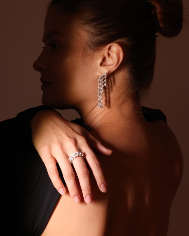 Chandelier earrings and statement ring